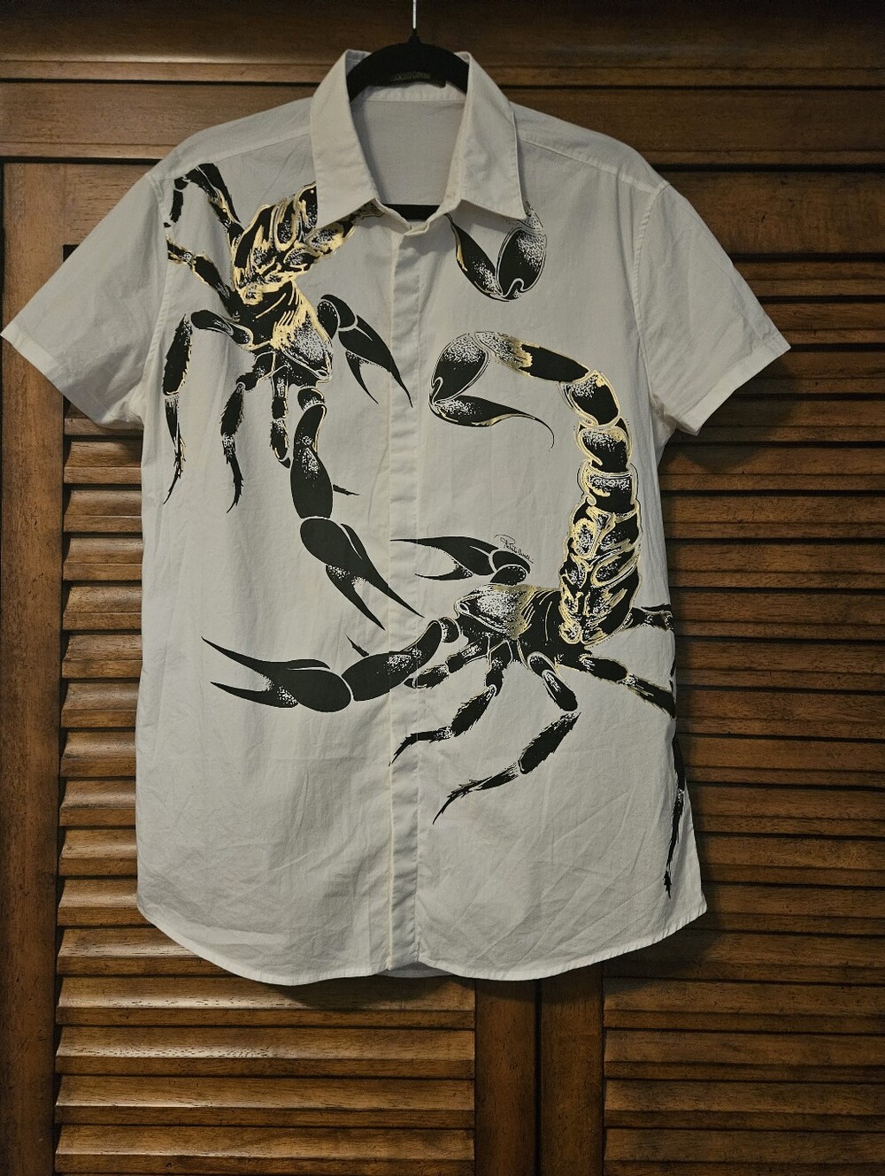 Just Cavalli Men's Short Sleeve White Shirt with Black & Gold Scorpion Print